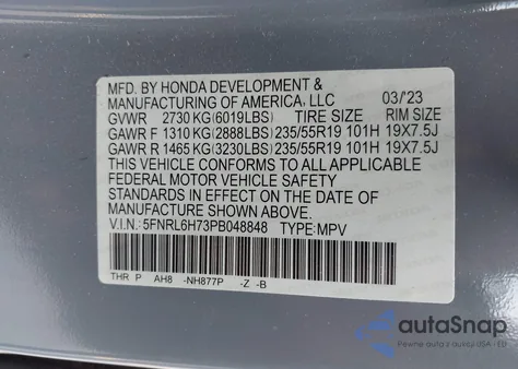 2023 Honda Odyssey Sport z USA, uszkodzony, nr VIN 5FNRL6H73PB048848